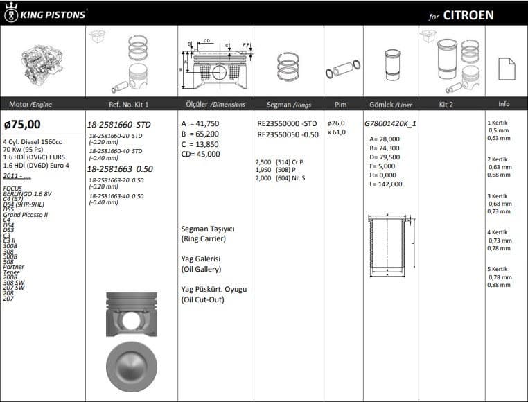 MOTOR PISTON+SEGMANI ( RIKEN )  75,00+0,50mm  FORD FOCUS III 1,6TDCI 11> EURO5 CORIER 14> 1.6 TDCI B