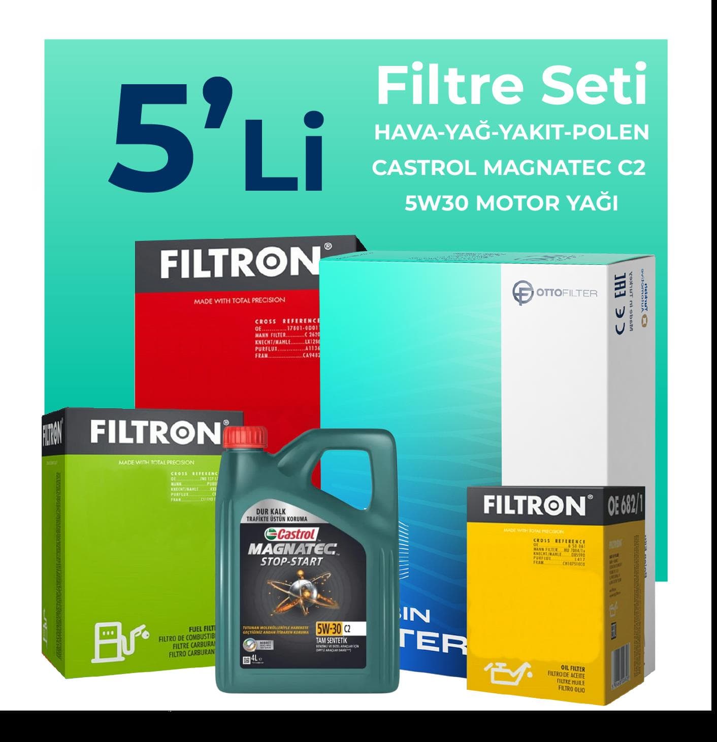 Filtron Citroen C4 Cactus 1.6 Dizel Filtre Bakım Seti Castrol Motor Yağlı (2014-2020) 5 Li