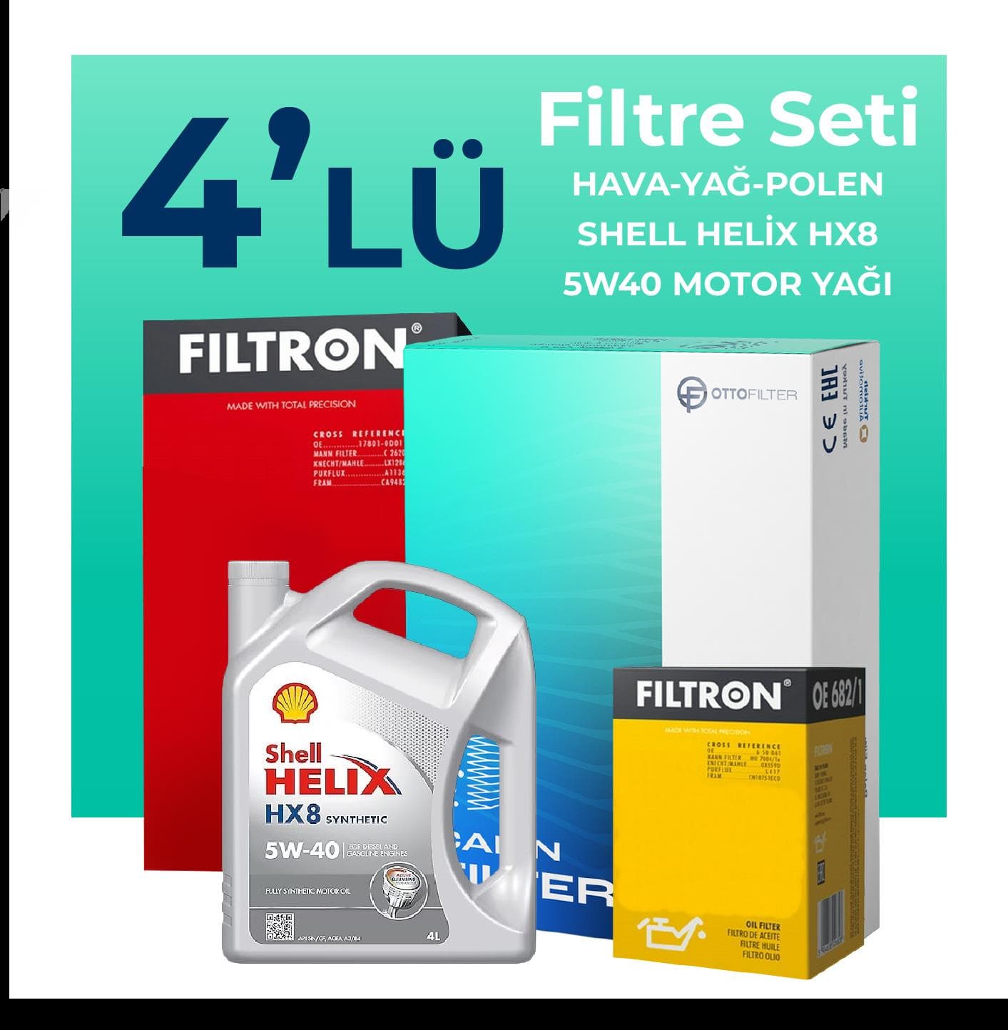 Filtron Renault Clio 1.2 Benzin Filtre Bakım Seti Shell Motor Yağlı (2014-2021) 4 Lü